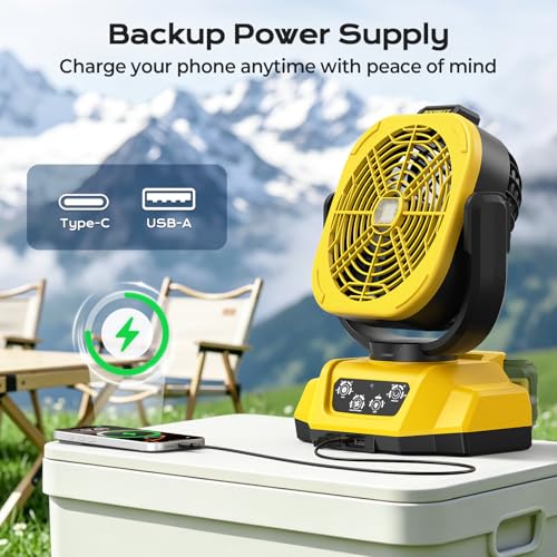 Poxsmuly Yellow Portable Dewalt 20V Max Battery Fan with USB & LED Light - 4 Speeds