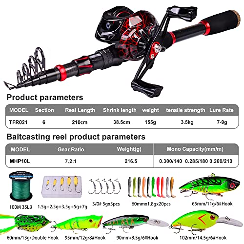 Baitcasting Combo 6.9FT Telescopic Fishing Rod and Reel Set - Left Hand
