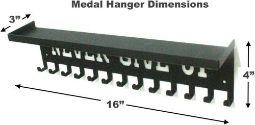 Never Give Up Medal Hanger Display - 3" Trophy Shelf with Hooks | Easy Install Wall Shelf (Black)