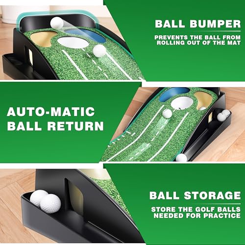 CHAMPKEY Green Golf Putting Mat with Bunker & Water Hazards, Mirror & Gates - Progressive Slope & Noise Reduction Tech
