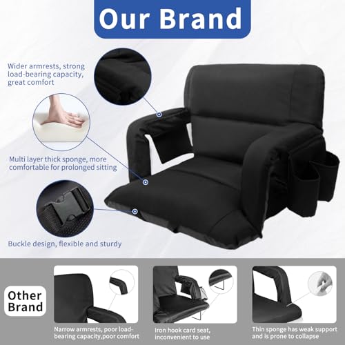 Wide Stadium Seat with Back Support - 25 Inch Foldable Chair, Black, Adjustable Recline