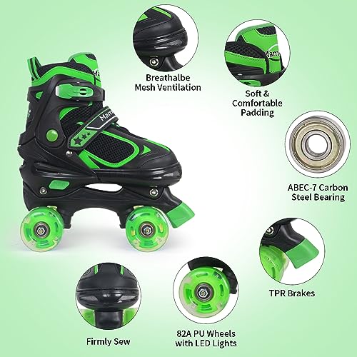 Green Adjustable Kids Roller Skates for Boys & Girls, 4 Sizes, Light-Up Wheels - Small (10-13US)