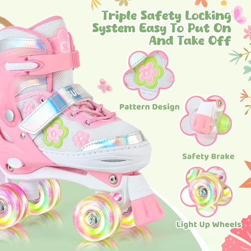 SULIFEEL Kids Adjustable Roller Skates with Light Up Wheels, Green, Medium - Big Kid