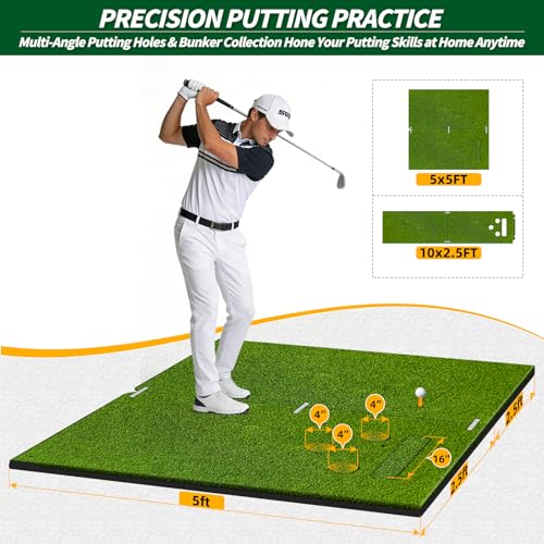 Dual-Mode Golf Hitting & Putting Practice Mat 5x5ft - Indoor Outdoor Turf