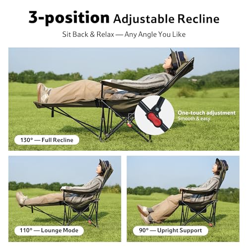 Naturehike Green 3-Position Adjustable Camping Recliner with Footrest - Heavy Duty Folding Lounge Chair, Portable with Carry Bag, Cup Holder & Side Pocket, Supports 330 lbs