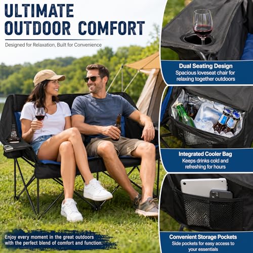 Heavy Duty Double Camping Loveseat - Portable 2-Person Outdoor Folding Chair