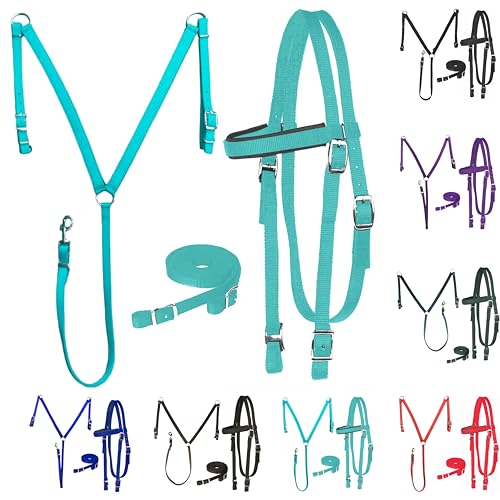 Equestrian Nylon Padded Browband Headstall Reins & Breastcollar Set - Full Turquoise