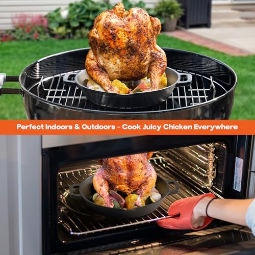 Pre-Seasoned Cast Iron Chicken Roaster for Grills and Ovens