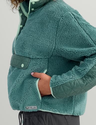 HUK Women's Plush Fleece Half-Zip Pullover - Cozy Sherpa with Pocket, Small / North Atlantic