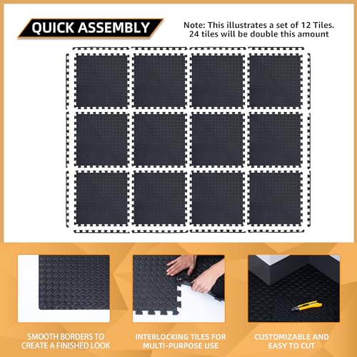 Black 24 Pack Extra Thick Interlocking Foam Floor Tiles for Gym & Play Area