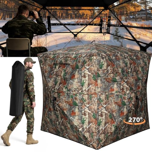 DUEYAGO 270° Camo Ground Hunting Blind for 2-3 Hunters, See-Through Mesh Windows