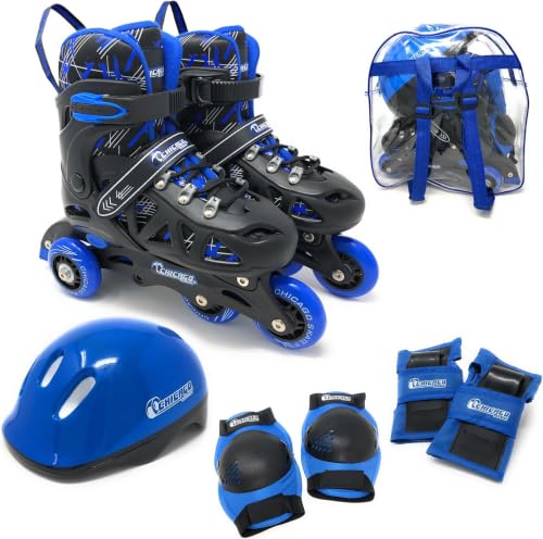 Kids Blue Inline Roller Skates with Protective Gear Set - Adjustable, Indoor & Outdoor
