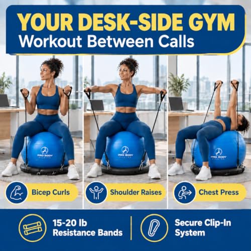 Blue Yoga Ball Chair for Office with Resistance Bands - 65cm