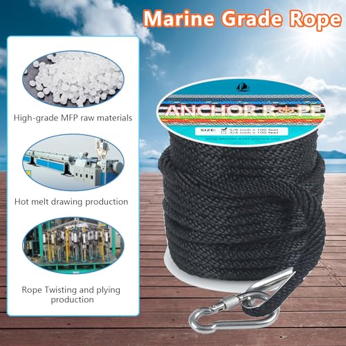 DEDU 5/8 Inch 100 FT Marine Anchor Rope with Stainless Steel Thimble & Snap Hook, Black