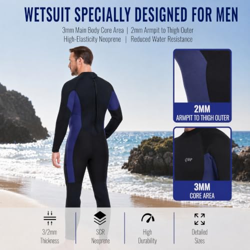 SANYIYIBA 3/2mm Neoprene Wetsuit for Men Navy Blue Large Full Body Scuba Suit