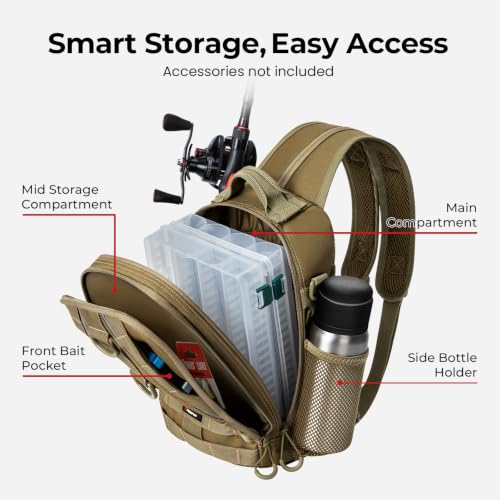 Piscifun Fishing Backpack with Rod Holders, Lightweight Sling Bag Khaki - Standard / Urban