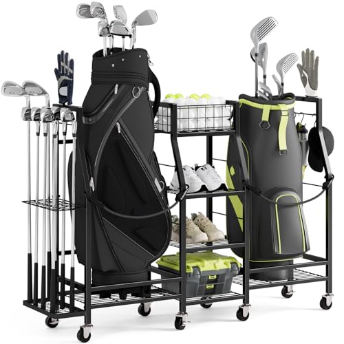 Neatolgrid Golf Bag Storage Rack for Garage - Dual Bag Organizer with Wheels