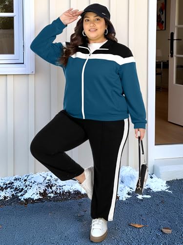 Plus Size Women's 2 Piece Sweatsuit Set with Zip Up Jacket and Sweatpants - Casual Loungewear