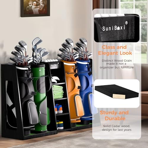 SuniBoxi Wooden Golf Bag Organizer for Garage - XL, Dark Black, 4 Bag Capacity