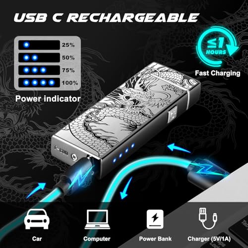 Rechargeable Plasma Lighter with Dragon Design - Black Dragon Pocket Lighter for Men