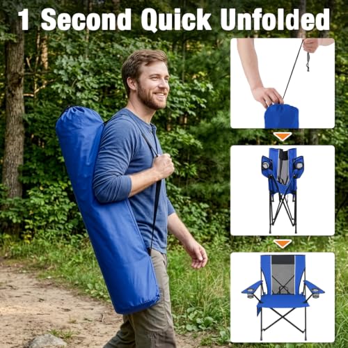 Romswi Large Blue Foldable Camping Chair with Mesh Back & 2 Cup Holders - Outdoor & Portable 2-Pack