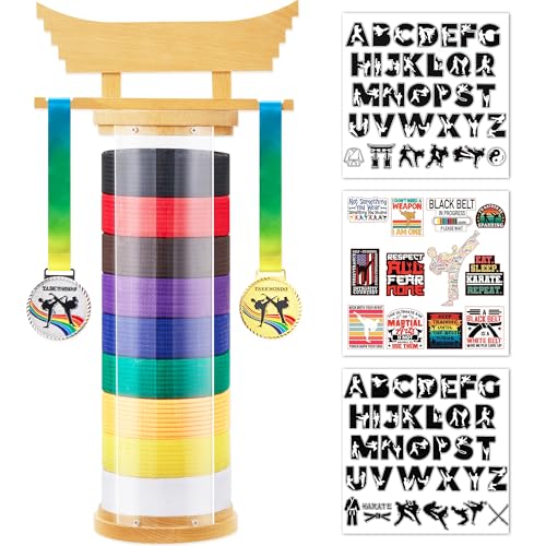 Martial Arts Belt & Medal Display Rack with Bamboo Hanger, Custom Stickers