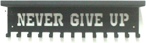 Never Give Up Medal Hanger Display - 3" Trophy Shelf with Hooks | Easy Install Wall Shelf (Black)