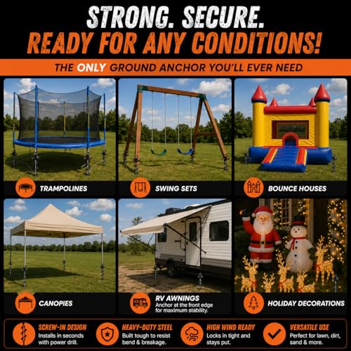 Heavy Duty Ground Anchors Low Profile 4 Pack - Screw-In Tent and Swing Set Stakes
