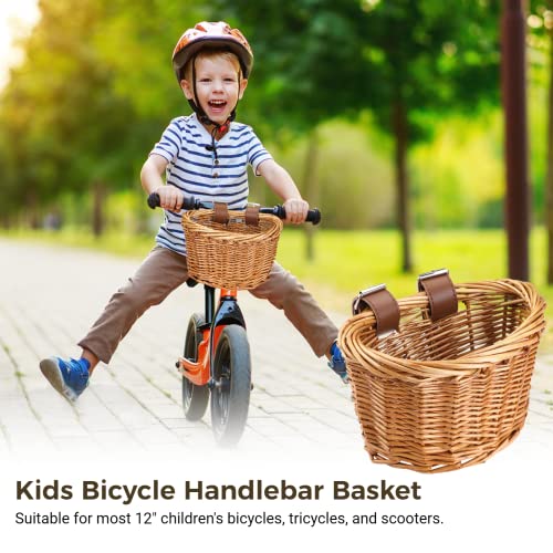 Kids Bike Basket with Adjustable PU Belts - Handmade Woven Rattan, Brown