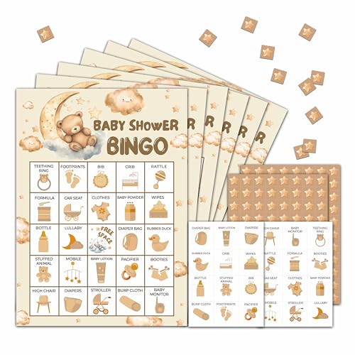 Bear Baby Shower Bingo Party Game Cards Moon & Stars Themed Gender Reveal