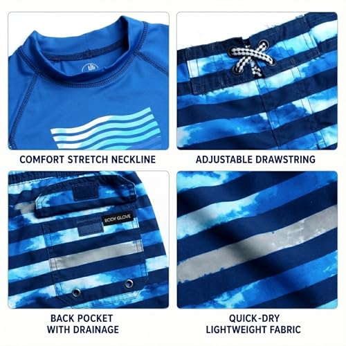 Body Glove Boys 2-Piece Swim Set Rash Guard & Trunks - Blue Waves, Size 4-12