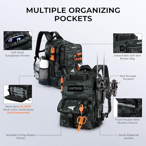 KastKing BaitSpace 50L Fishing Backpack with 4 Tackle Boxes, 2 Rod Holders - Black Camo