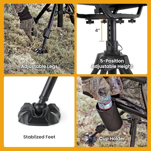 Camo Folding Hunting Blind Chair with 360° Swivel & Adjustable Armrests - Wide Mesh Seat