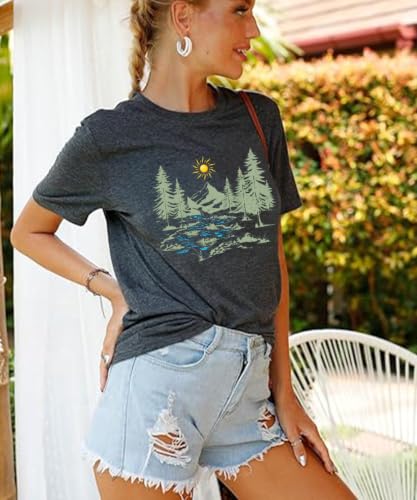 Women’s Hiking Shirt Large Dark Gray Funny Nature Sunrise Mountain Graphic Tee