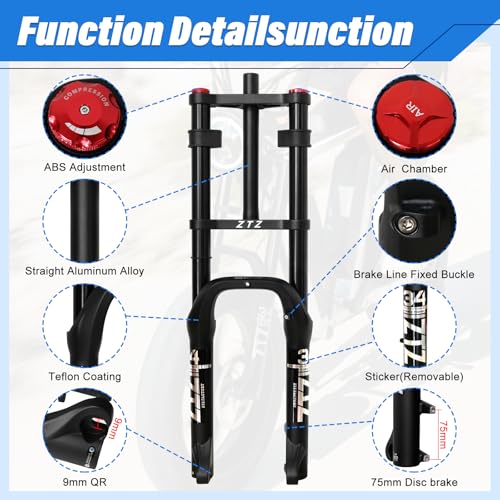 Exceedhub 20 Inch Black Fat Tire Air Suspension Fork 180mm Travel MTB E-Bike