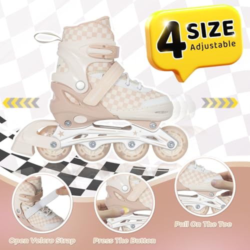 Nattork Kids & Teens Adjustable Inline Skates with Illuminating Wheels, Checkerboard Design, Khaki, Medium (1-4 US)