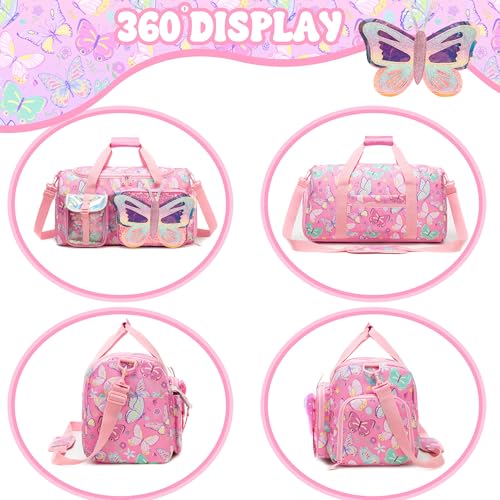 Pink Butterfly Kids Duffle Bag Girls Ballet Dance & Travel Bag with Shoe Compartment