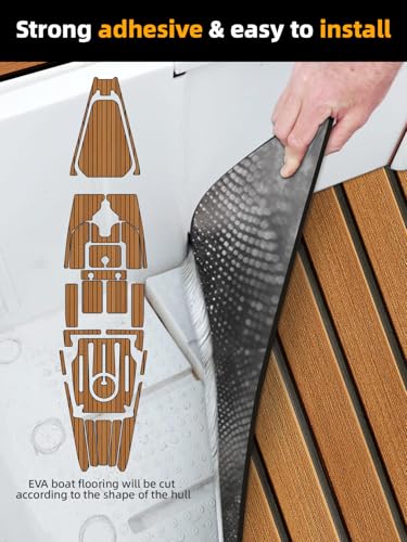 FOCEAN Marine EVA Foam Boat Flooring Faux Teak 94.5 x 23.6 inches Brown with Black Seam Lines
