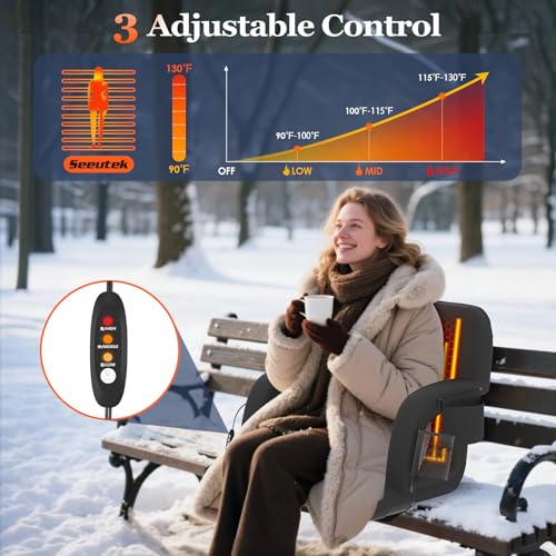 Heated Stadium Seats with Back Support - 23 Inch Foldable Cushions, Black, 2 Pack