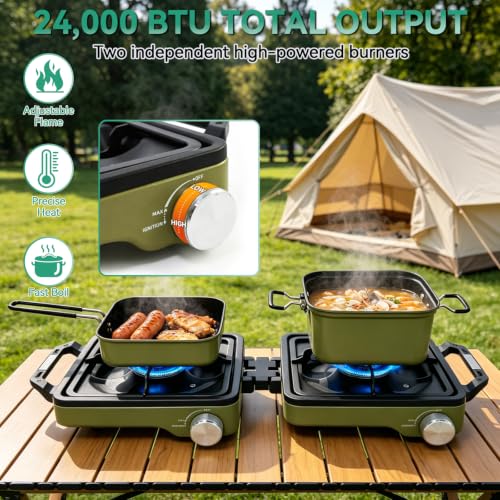 Green 2 Burner Portable Propane Camping Stove Kit with Frying Pan & Pot - Foldable Hiking Cookware Set