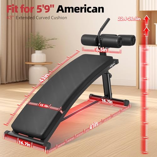 BODY RHYTHM Black Adjustable Sit Up Bench with Reverse Crunch Handle for Home Gym, Curved Ab Workout Equipment
