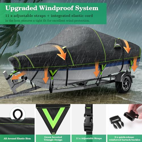 UIRWAY 22-24ft Waterproof Boat Cover with Reflective Strips, UV Resistant Marine Grade V-Hull & Tri-Hull Fit, Trailerable, Black