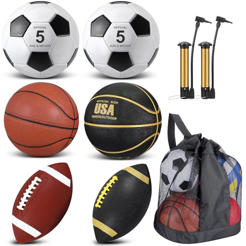 Sratte 6-Piece Sports Ball Set - Official Size Football Basketball Soccer Black Gold