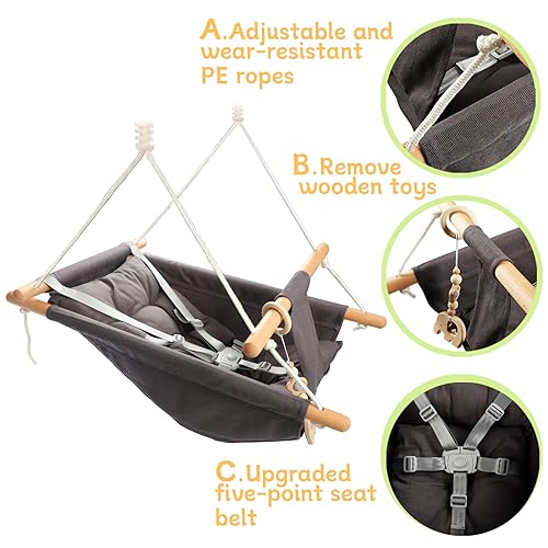 Tislly Dark Grey Outdoor & Indoor Baby Swing with 5-Point Safety Belt, Portable Toddler Porch Swing