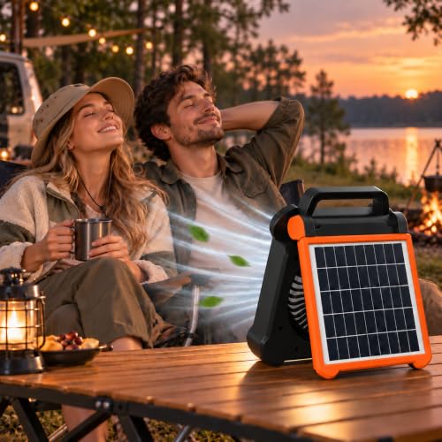 Portable Solar Powered Fan with Rechargeable Battery & LED Light - Black & Orange