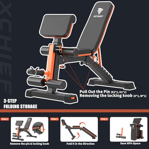 Orange Black Adjustable Weight Bench 1000LBS Capacity Foldable Home Gym Equipment