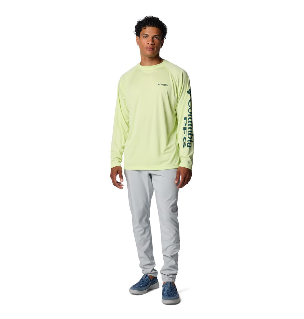 Columbia Men's Terminal Tackle Long Sleeve Shirt, Spring Yellow/Midnight Teal Logo, 3X Tall