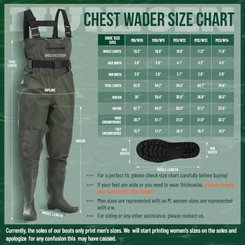 HUNTSEN Waterproof Chest Waders for Men & Women - Green, Size 11 with Boots