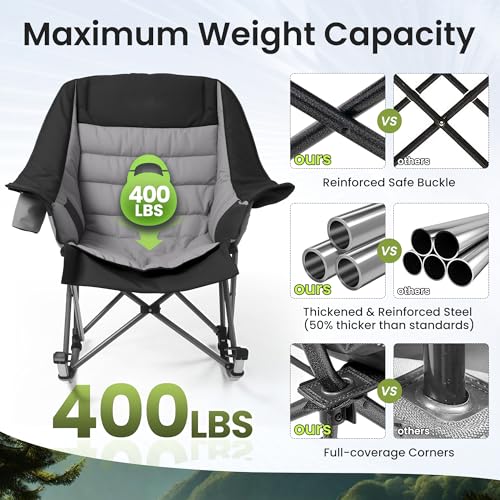 Oversized Foldable Rocking Camping Chair with Cup Holder & Side Pocket - Black & Gray