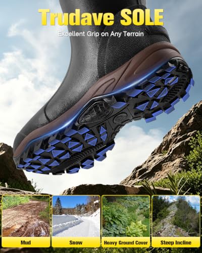 Trudave Waterproof Rubber Boots for Men & Women with Steel Shank - Black, Size 9 Women / 8 Men, Insulated & Anti-Slip Outdoor Work & Hunting Footwear